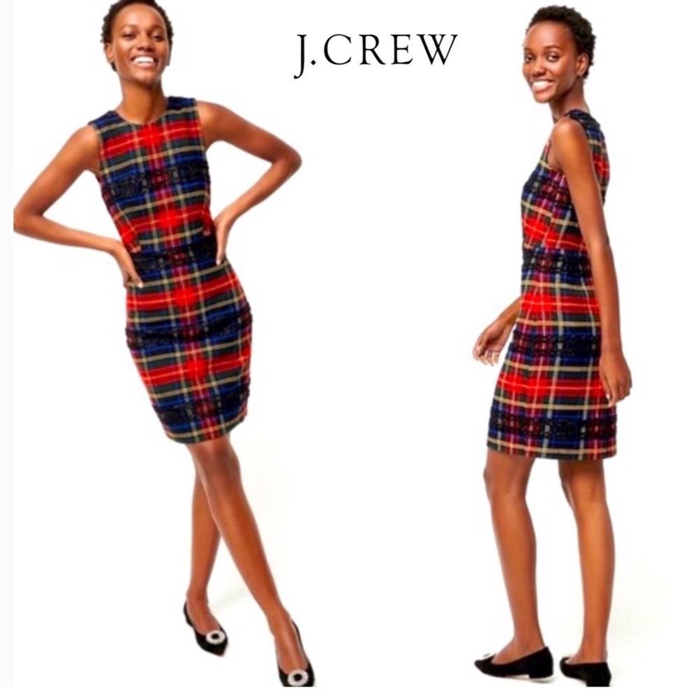 J. Crew Red Plaid Midi Dress with Navy and Yellow Accents